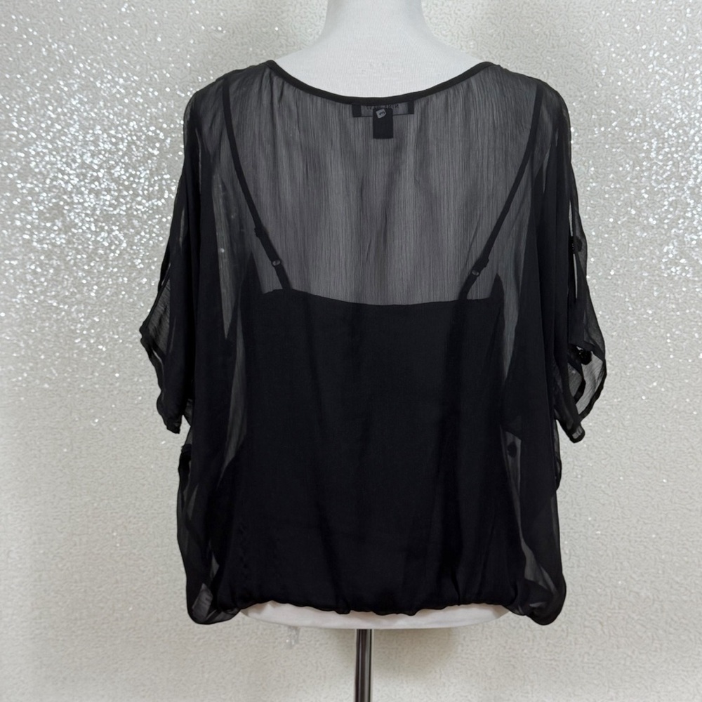 Nine West Black Sheer Chiffon Blouse Gold Sequin Overlay | Dolman Sleeve - Picture 7 of 11